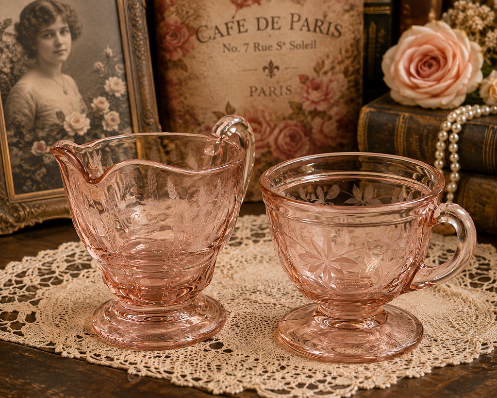 CS-14--Vintage Pink Depression Glass Cream & Sugar Set – Collectible Pink Glass Serving Set