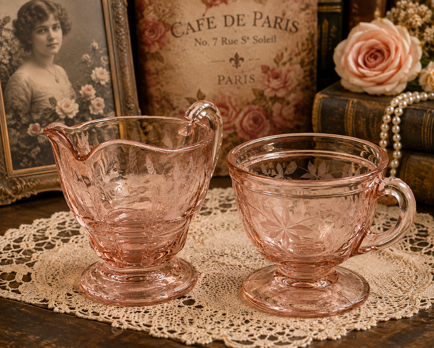 CS-14--Vintage Pink Depression Glass Cream & Sugar Set – Collectible Pink Glass Serving Set