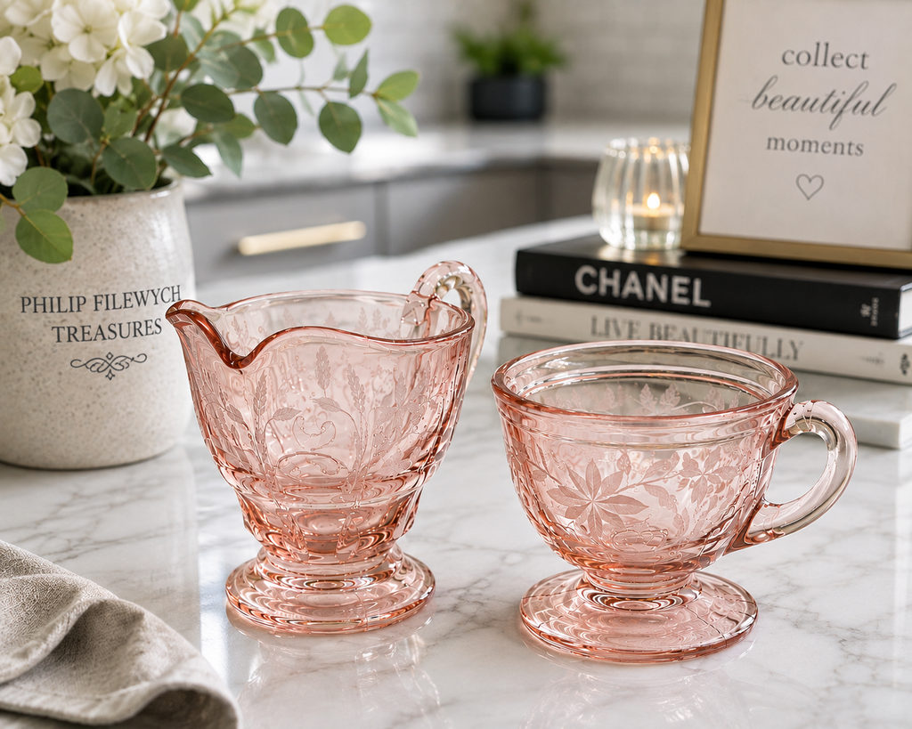 CS-14--Vintage Pink Depression Glass Cream & Sugar Set – Collectible Pink Glass Serving Set