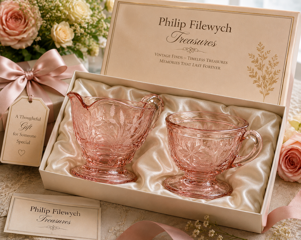 CS-14--Vintage Pink Depression Glass Cream & Sugar Set – Collectible Pink Glass Serving Set