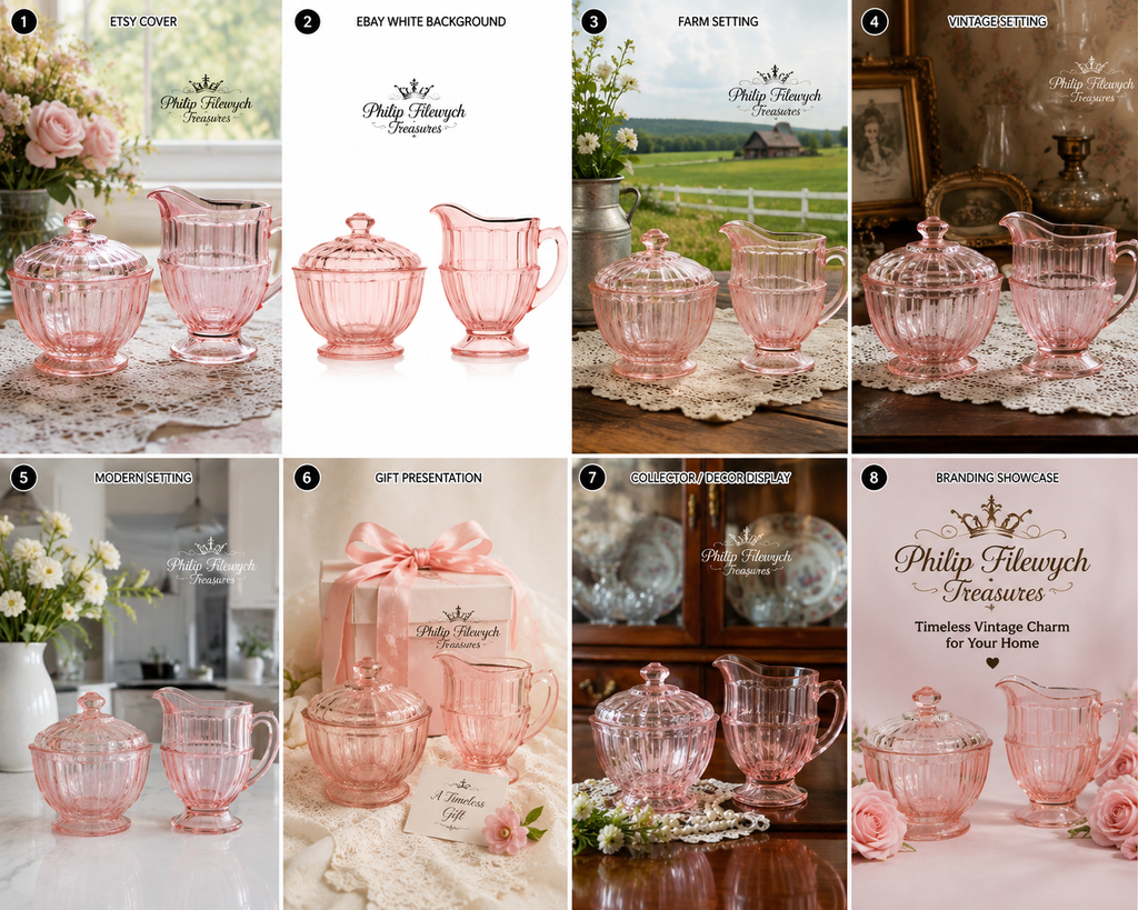 CA-76--Vintage Pink Pressed Glass Creamer & Sugar Set – Mid-Century Pedestal Glassware