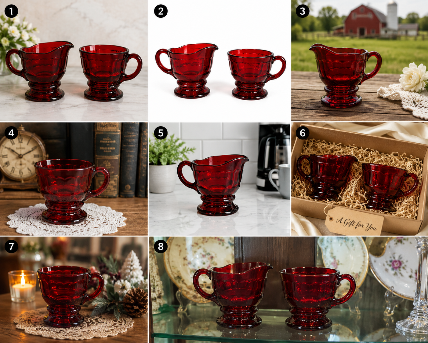 CS-10--Vintage Ruby Red Glass Cream & Sugar Set – Footed Fluted Creamer & Open Sugar Bowl – Made in England