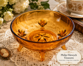 CVB-58--Vintage New Martinsville Amber Etched 3-Footed Serving Bowl | Elegant Depression Glass | Floral Etched Starburst Console Candy Fruit Bowl | c.1930-1940