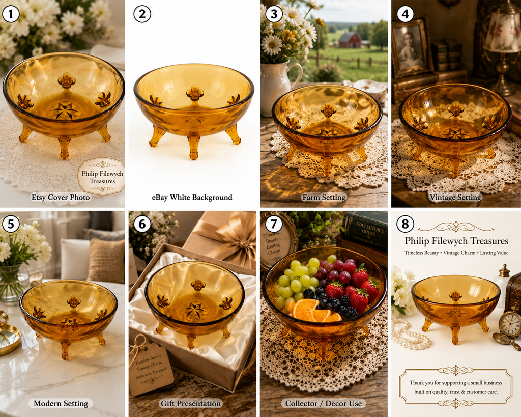 CVB-58--Vintage New Martinsville Amber Etched 3-Footed Serving Bowl | Elegant Depression Glass | Floral Etched Starburst Console Candy Fruit Bowl | c.1930-1940