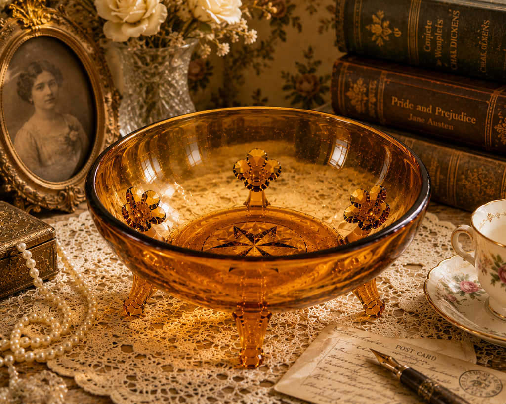 CVB-58--Vintage New Martinsville Amber Etched 3-Footed Serving Bowl | Elegant Depression Glass | Floral Etched Starburst Console Candy Fruit Bowl | c.1930-1940