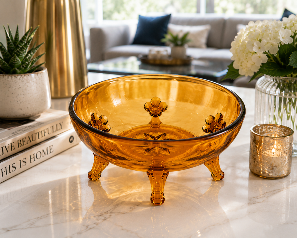 CVB-58--Vintage New Martinsville Amber Etched 3-Footed Serving Bowl | Elegant Depression Glass | Floral Etched Starburst Console Candy Fruit Bowl | c.1930-1940