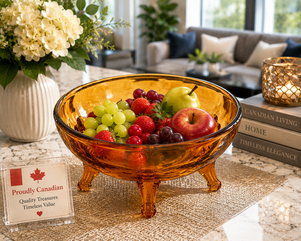 CVB-58--Vintage New Martinsville Amber Etched 3-Footed Serving Bowl | Elegant Depression Glass | Floral Etched Starburst Console Candy Fruit Bowl | c.1930-1940