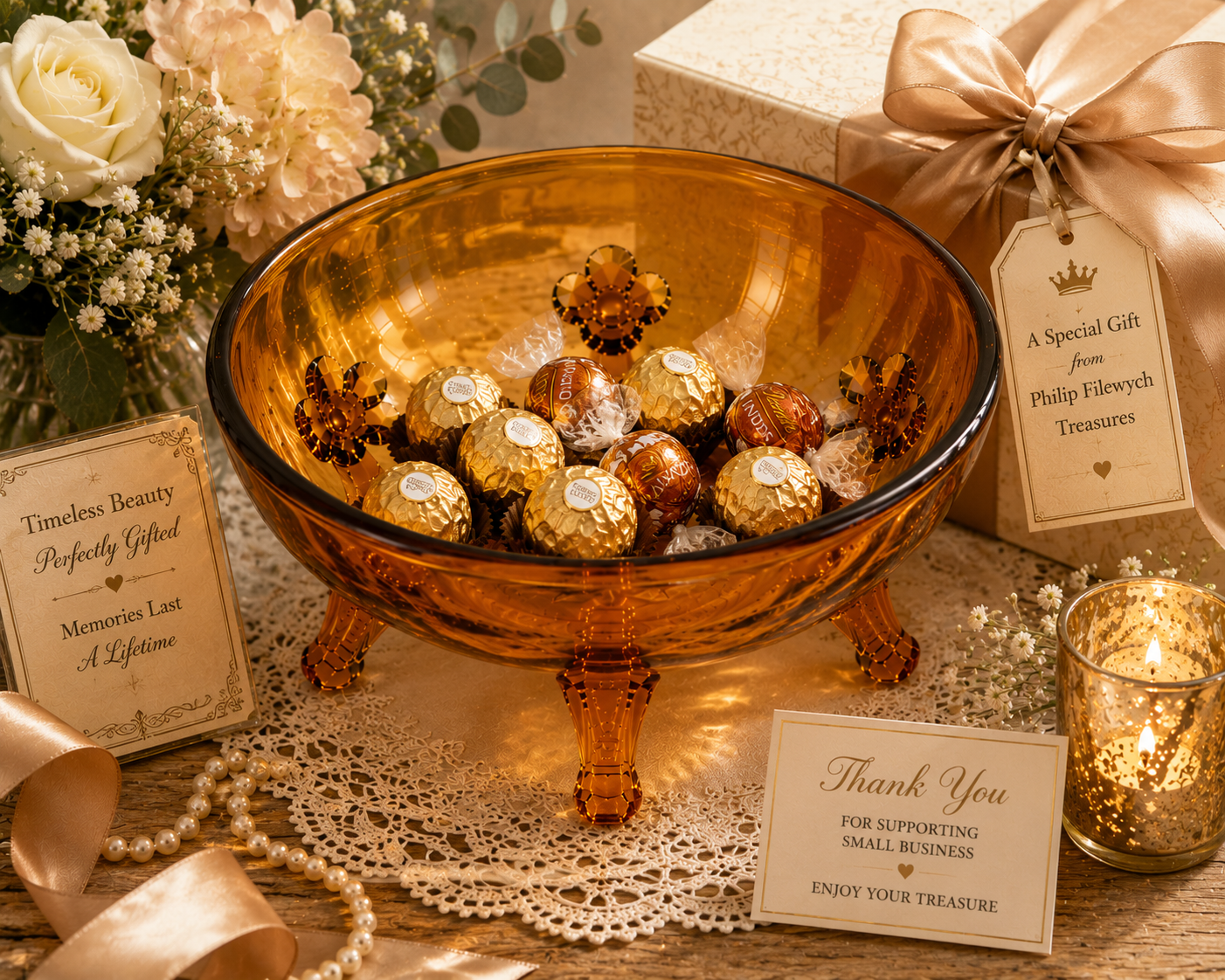 CVB-58--Vintage New Martinsville Amber Etched 3-Footed Serving Bowl | Elegant Depression Glass | Floral Etched Starburst Console Candy Fruit Bowl | c.1930-1940
