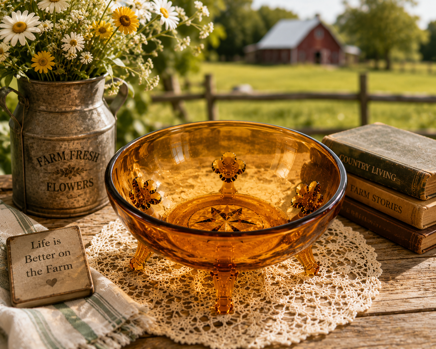 CVB-58--Vintage New Martinsville Amber Etched 3-Footed Serving Bowl | Elegant Depression Glass | Floral Etched Starburst Console Candy Fruit Bowl | c.1930-1940