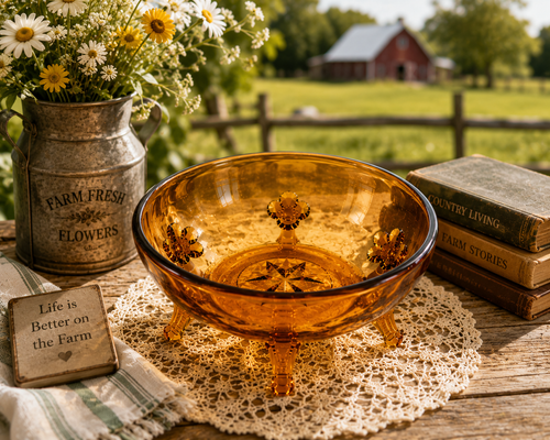 CVB-58--Vintage New Martinsville Amber Etched 3-Footed Serving Bowl | Elegant Depression Glass | Floral Etched Starburst Console Candy Fruit Bowl | c.1930-1940