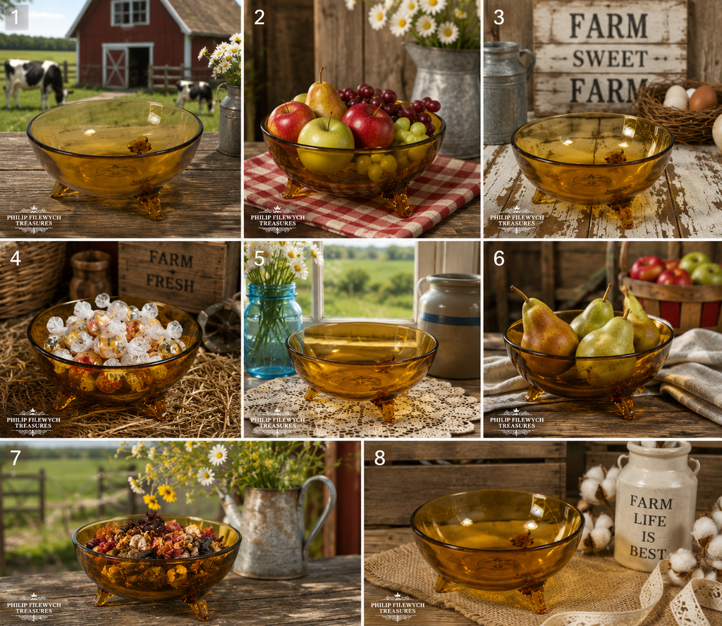 CVB-59--Vintage Amber Depression Glass Three-Footed Serving Bowl – Elegant Footed Console Fruit Candy Bowl