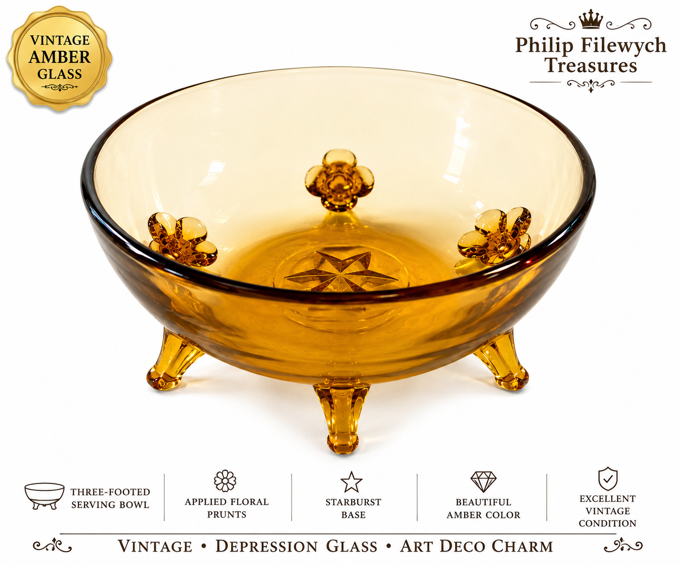 CVB-59--Vintage Amber Depression Glass Serving Bowl