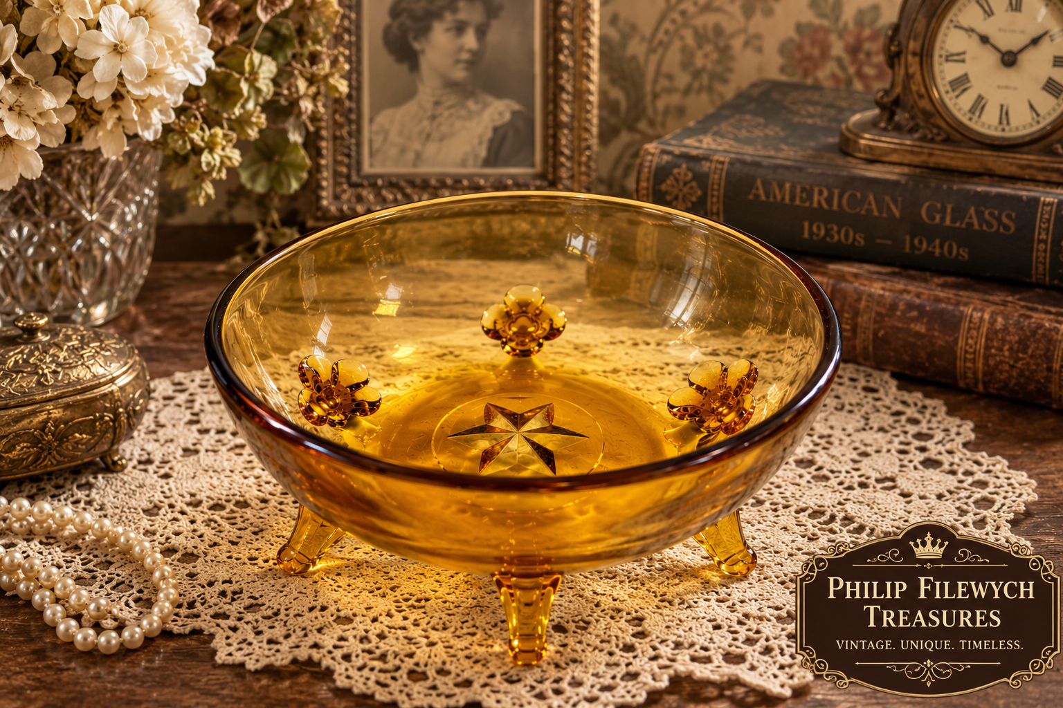 CVB-59--Vintage Amber Depression Glass Serving Bowl