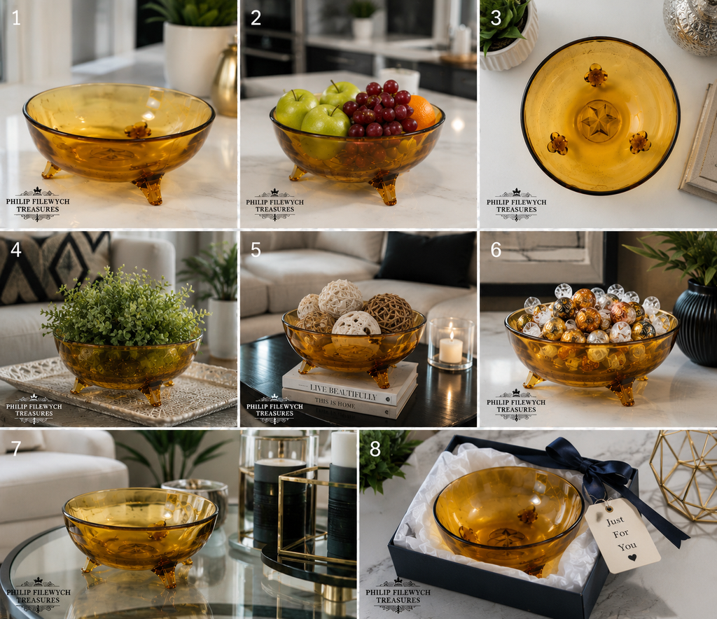 CVB-59--Vintage Amber Depression Glass Three-Footed Serving Bowl – Elegant Footed Console Fruit Candy Bowl