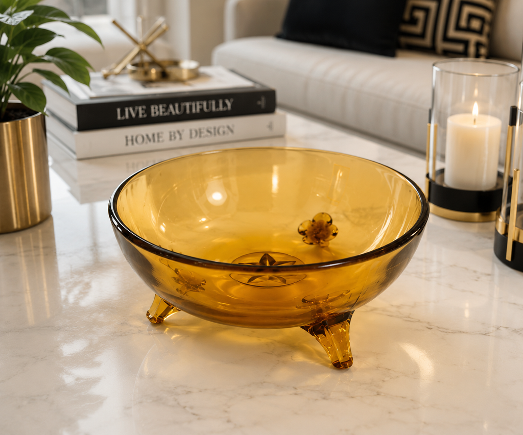 CVB-59--Vintage Amber Depression Glass Three-Footed Serving Bowl – Elegant Footed Console Fruit Candy Bowl