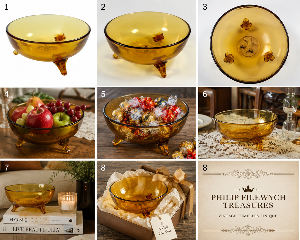 CVB-59--Vintage Amber Depression Glass Three-Footed Serving Bowl – Elegant Footed Console Fruit Candy Bowl