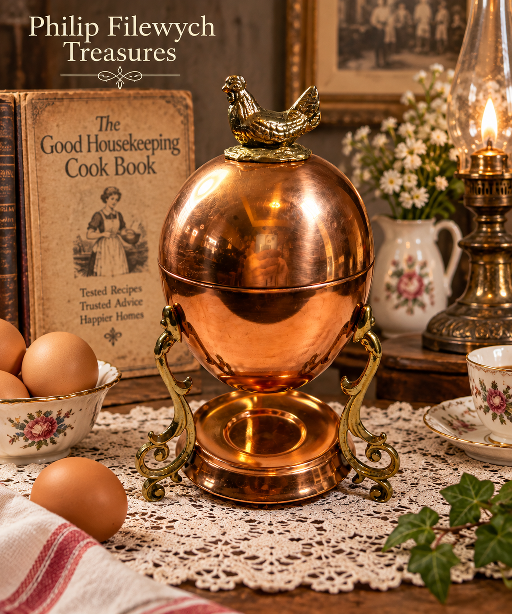 CEW-10--Vintage 1950 Copper Egg Warmer Egg Boiler with Hen Finial Ornate Brass Scroll Stand 9"