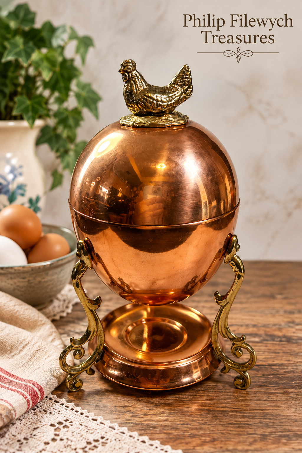 CEW-10--Vintage 1950 Copper Egg Warmer Egg Boiler with Hen Finial Ornate Brass Scroll Stand 9"