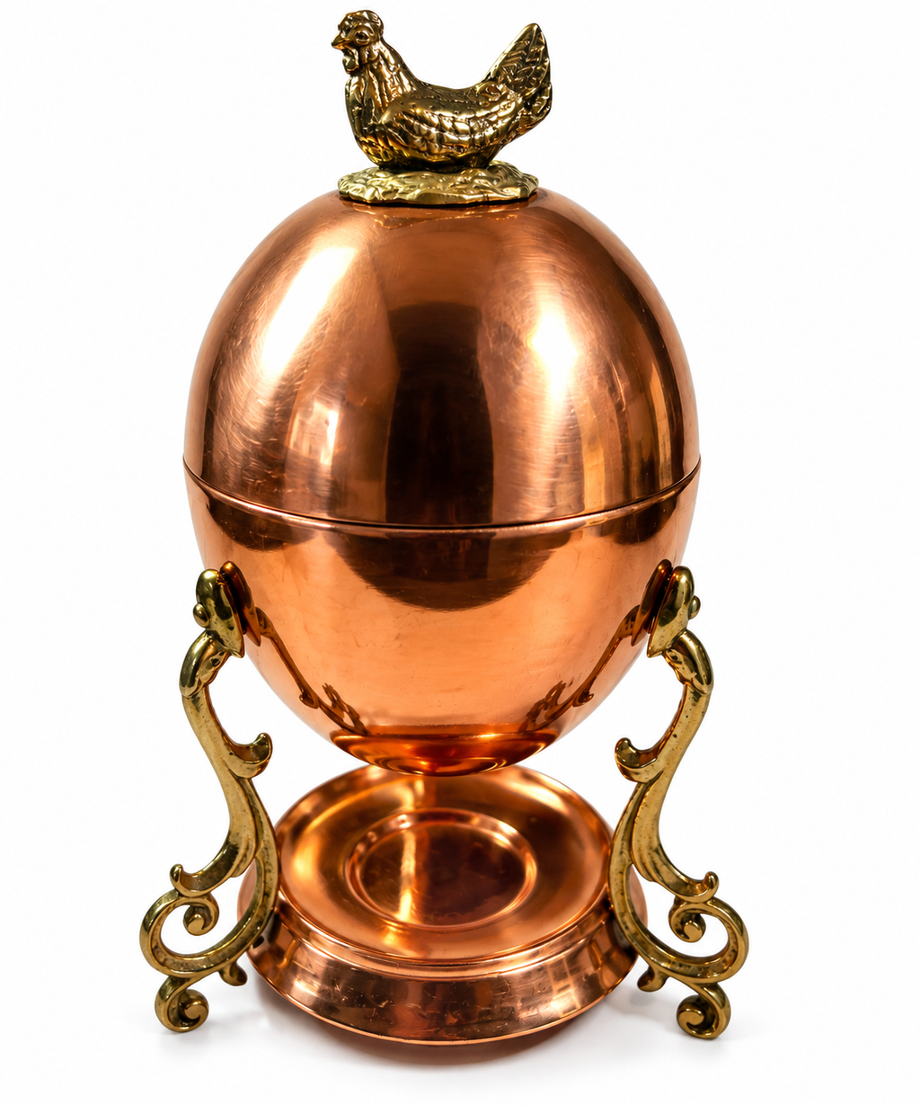 CEW-10--Vintage 1950 Copper Egg Warmer Egg Boiler with Hen Finial Ornate Brass Scroll Stand 9"