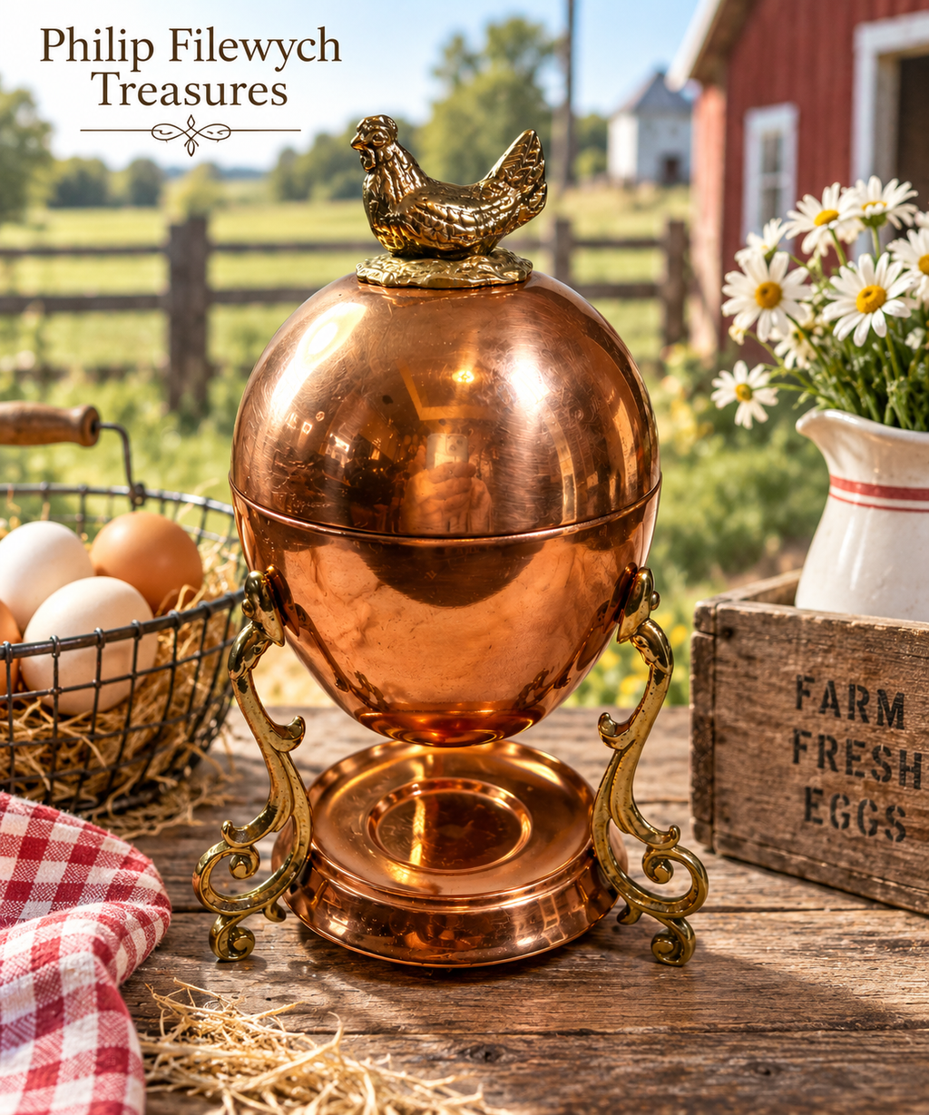 CEW-10--Vintage 1950 Copper Egg Warmer Egg Boiler with Hen Finial Ornate Brass Scroll Stand 9"
