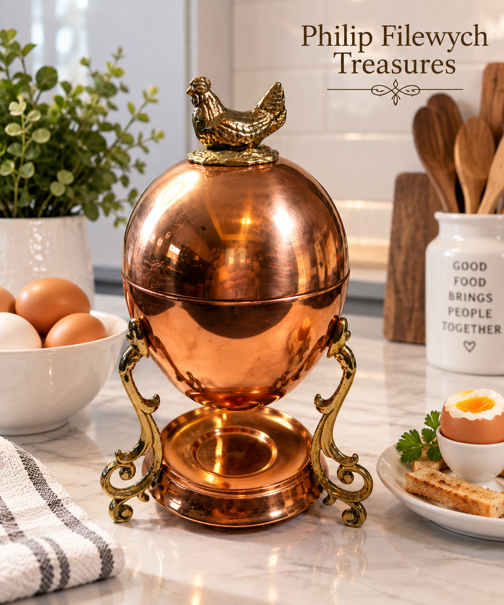 CEW-10--Vintage 1950 Copper Egg Warmer Egg Boiler with Hen Finial Ornate Brass Scroll Stand 9"