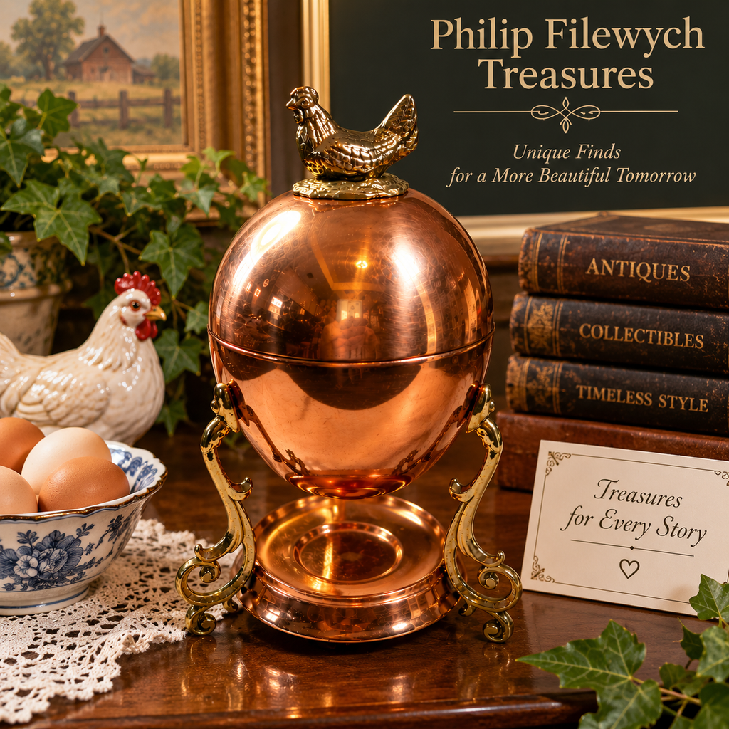 CEW-10--Vintage 1950 Copper Egg Warmer Egg Boiler with Hen Finial Ornate Brass Scroll Stand 9"