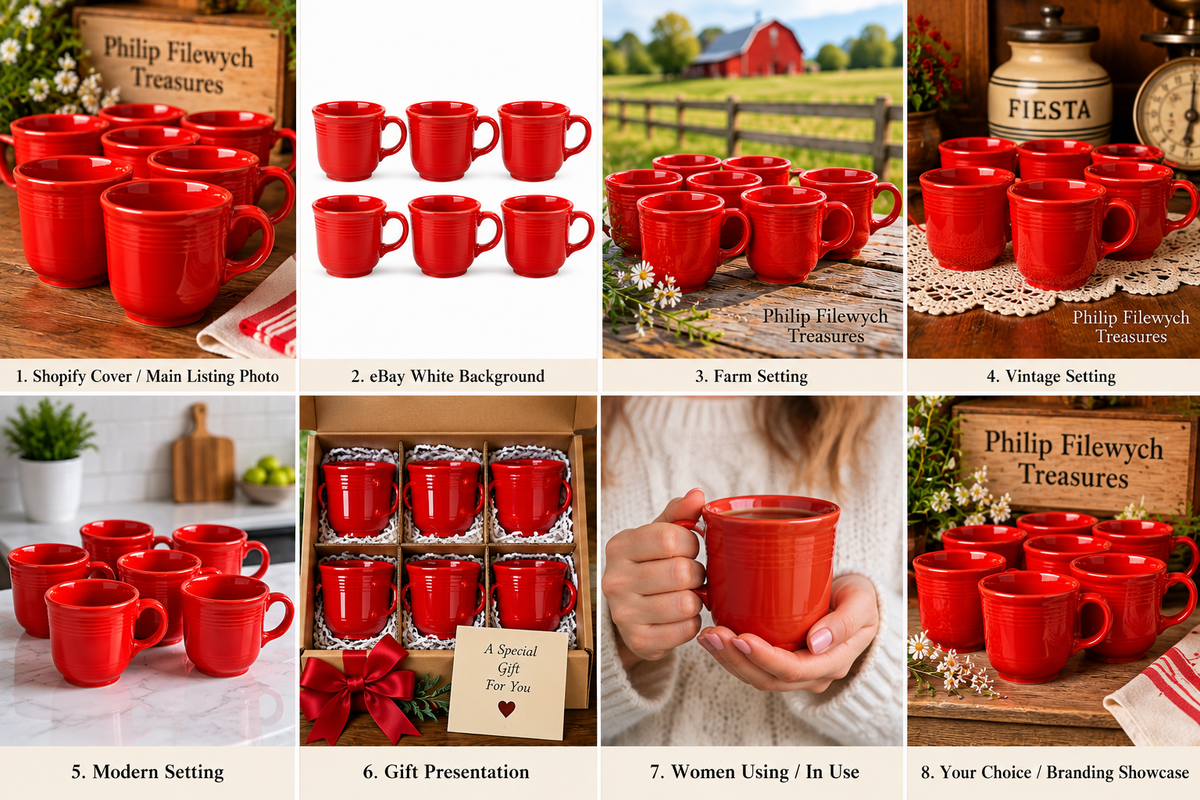 Set of 6 Homer Laughlin Fiesta Scarlet Red ceramic ring-handle mugs made in USA