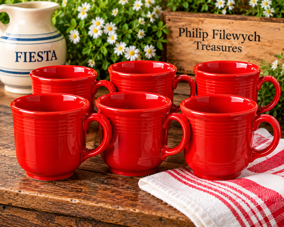 Set of 6 Homer Laughlin Fiesta Scarlet Red ceramic ring-handle mugs made in USA