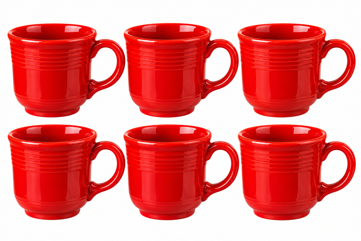 Six Fiesta Scarlet Red ring-handle mugs by Homer Laughlin on white background