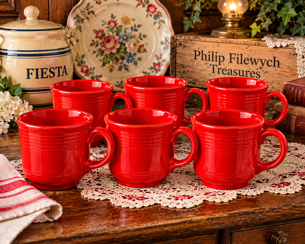 Six Scarlet Red Fiesta mugs displayed in a vintage kitchen setting