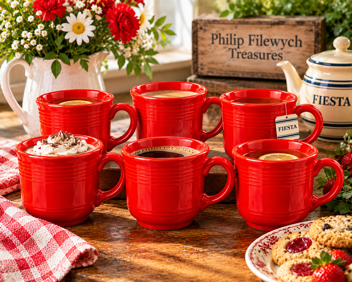 Fiesta Scarlet Red ceramic mugs displayed in a warm farmhouse setting