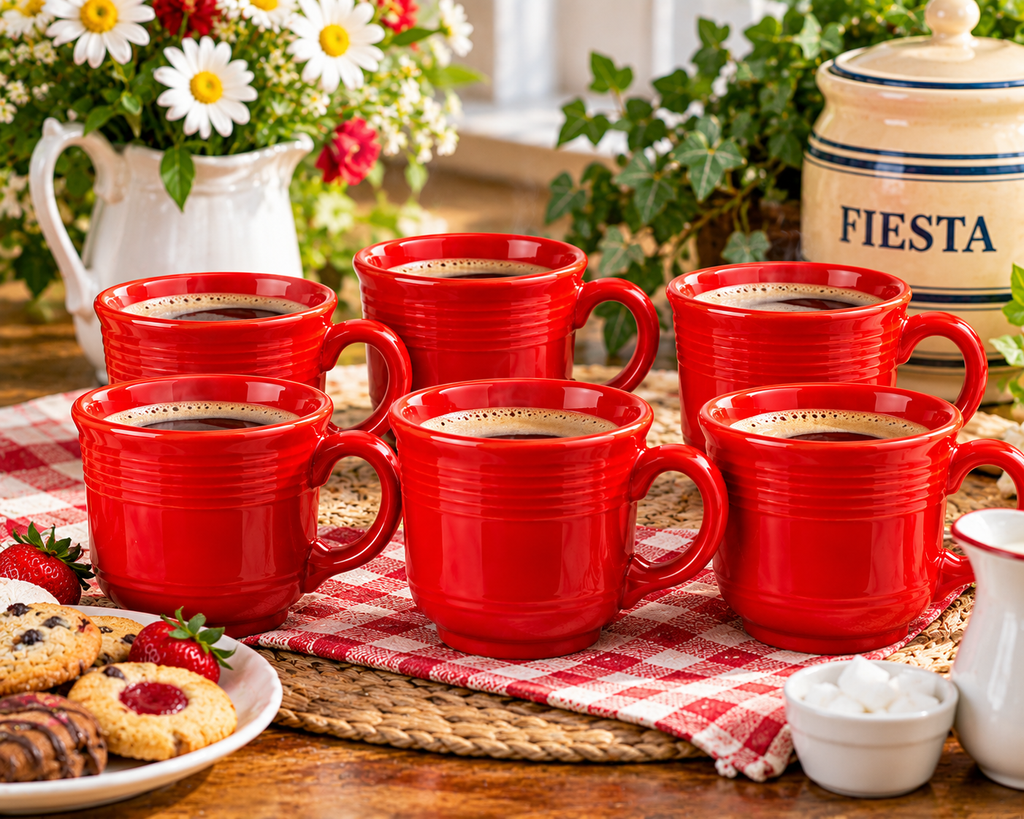 Scarlet Red Fiesta mugs being used for coffee in a casual kitchen setting