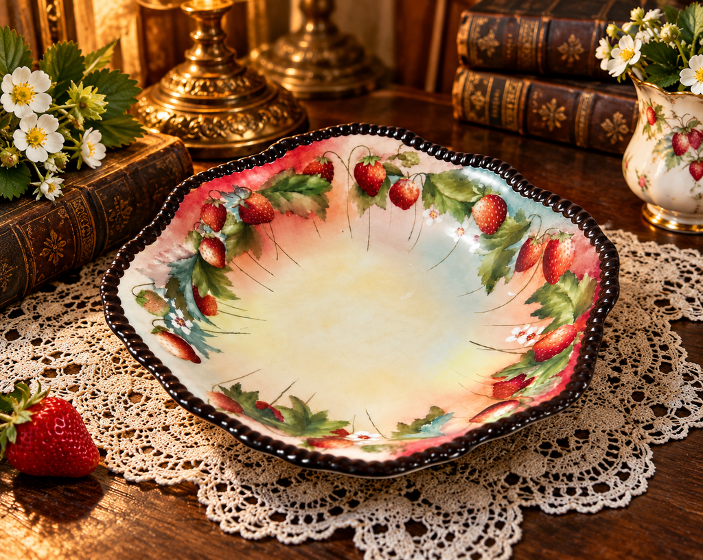 DDB-10 antique Limoges strawberry bowl displayed in a warm farmhouse setting
