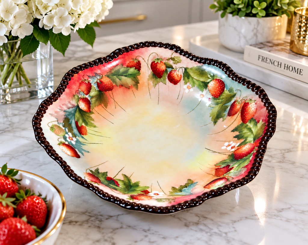 DDB-10 antique Limoges strawberry bowl displayed in an elegant vintage setting.