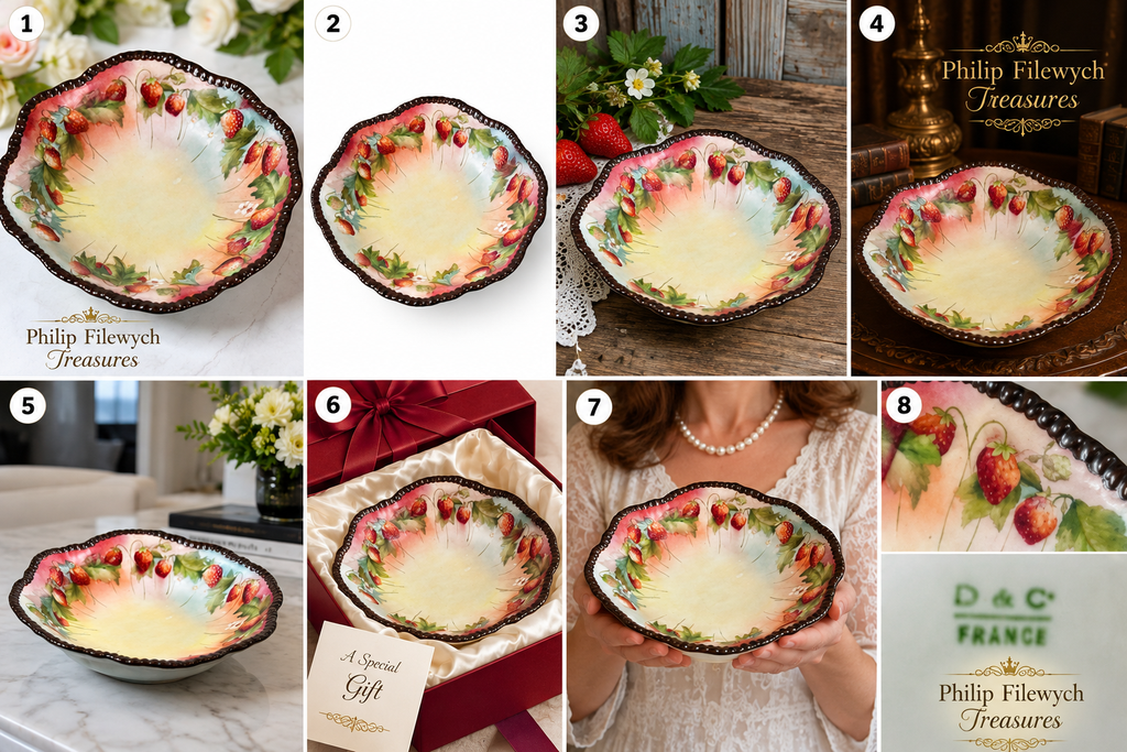 DDB-10 Antique Limoges D&C France strawberry porcelain bowl, front/top view.