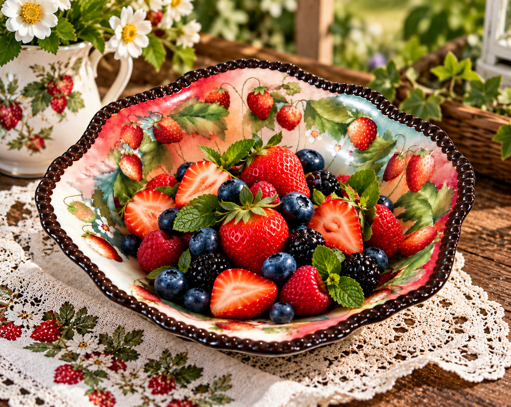 DDB-10 antique Limoges strawberry bowl being held to show its size and decorative detail.