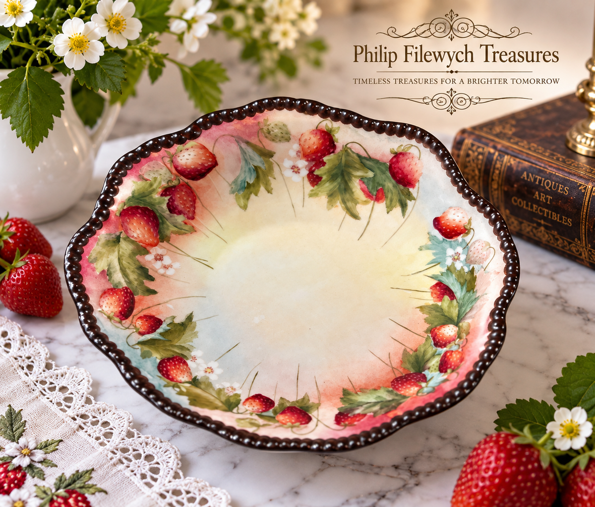 DDB-10--Antique Limoges D&C France Porcelain Bowl Strawberry Hand Painted Victorian c.1894–1895