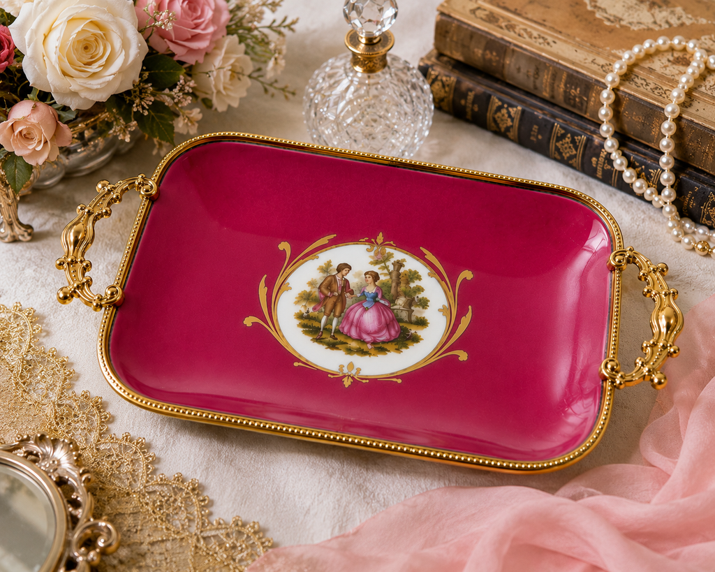 DT-10--Vintage Limoges Castel France Porcelain Rococo Courting Couple Vanity Tray Pink Gold Gilt Handles