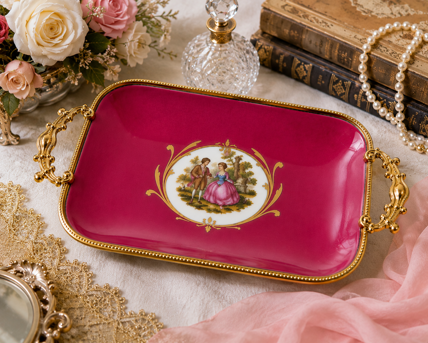 DT-10--Vintage Limoges Castel France Porcelain Rococo Courting Couple Vanity Tray Pink Gold Gilt Handles