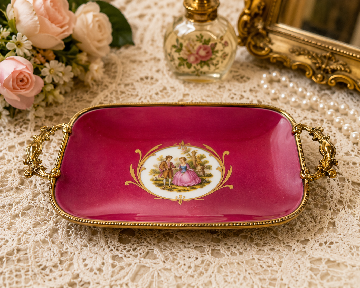 DT-10--Vintage Limoges Castel France Porcelain Rococo Courting Couple Vanity Tray Pink Gold Gilt Handles