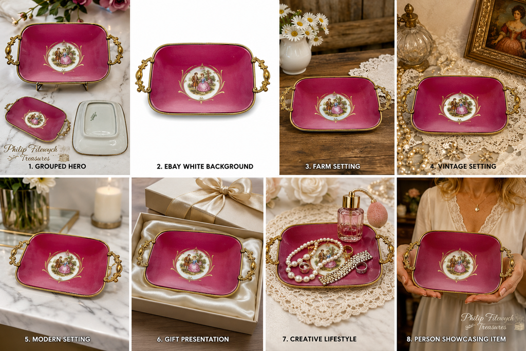 DT-10--Vintage Limoges Castel France Porcelain Rococo Courting Couple Vanity Tray Pink Gold Gilt Handles