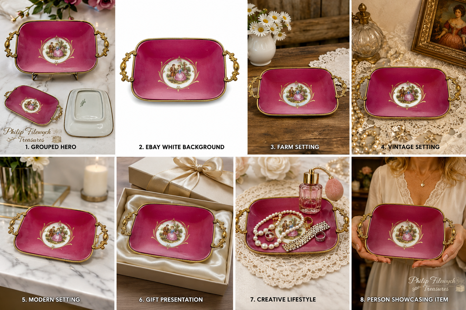 DT-10--Vintage Limoges Castel France Porcelain Rococo Courting Couple Vanity Tray Pink Gold Gilt Handles