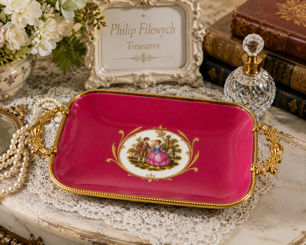 DT-10--Vintage Limoges Castel France Porcelain Rococo Courting Couple Vanity Tray Pink Gold Gilt Handles