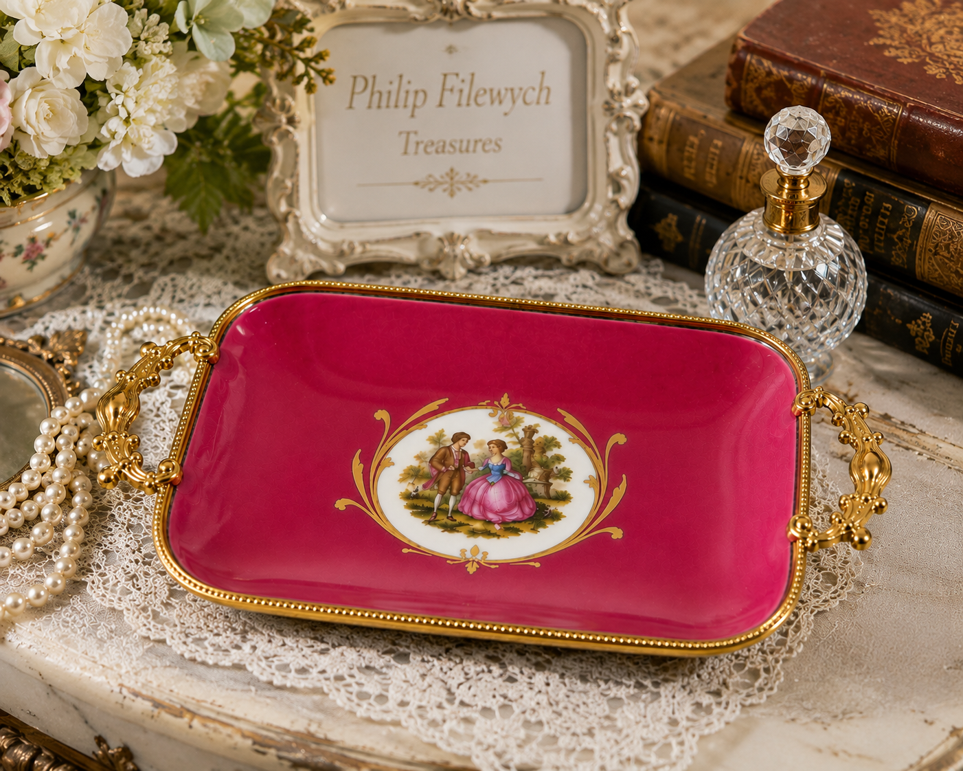 DT-10--Vintage Limoges Castel France Porcelain Rococo Courting Couple Vanity Tray Pink Gold Gilt Handles
