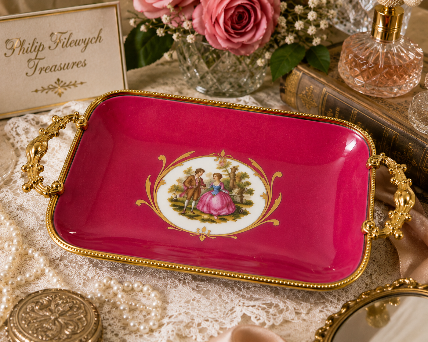 DT-10--Vintage Limoges Castel France Porcelain Rococo Courting Couple Vanity Tray Pink Gold Gilt Handles