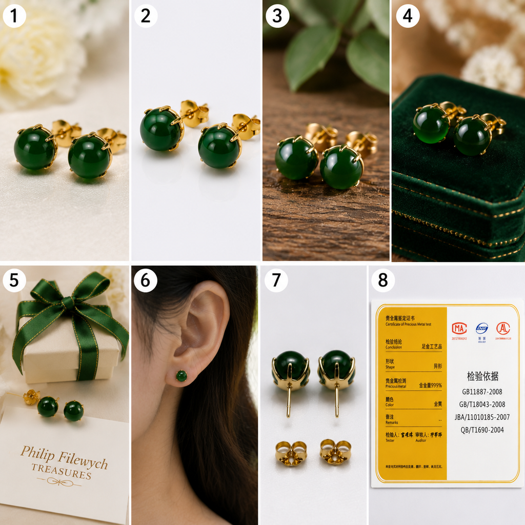 EA-07--Vintage 18K Gold Green Jade Stud Earrings | Certified Gemstone Earrings | Round Cabochon Jewelry Gift