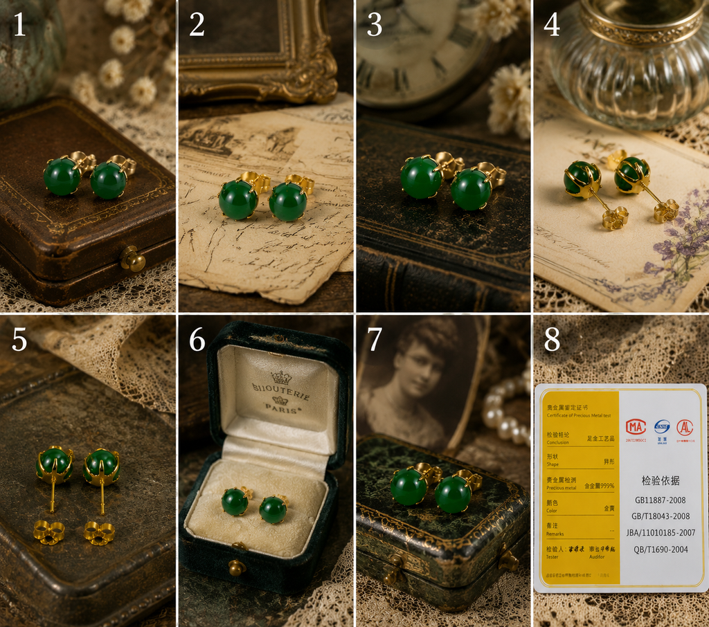 EA-07--Vintage 18K Gold Green Jade Stud Earrings | Certified Gemstone Earrings | Round Cabochon Jewelry Gift