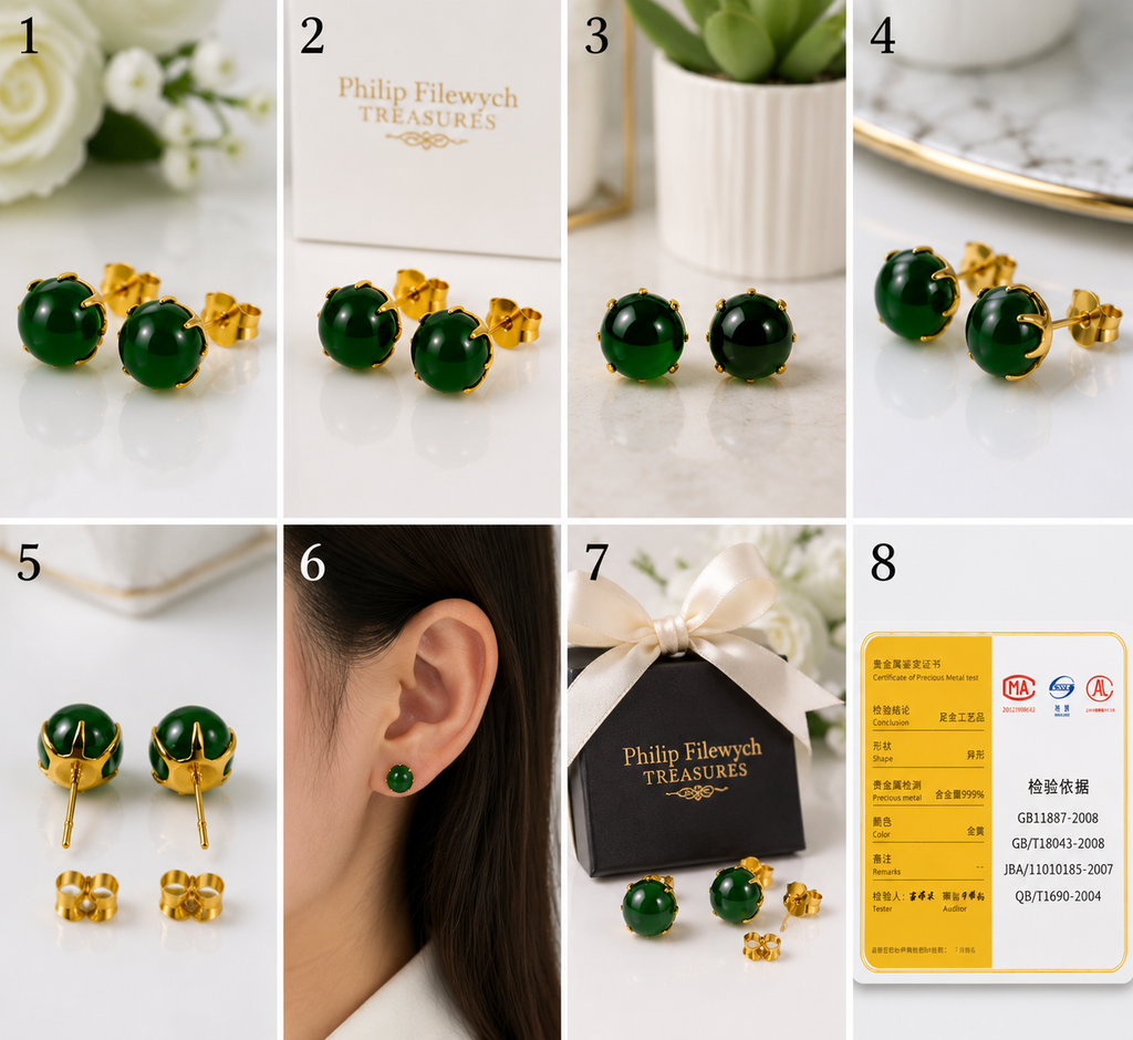 EA-07--Vintage 18K Gold Green Jade Stud Earrings | Certified Gemstone Earrings | Round Cabochon Jewelry Gift