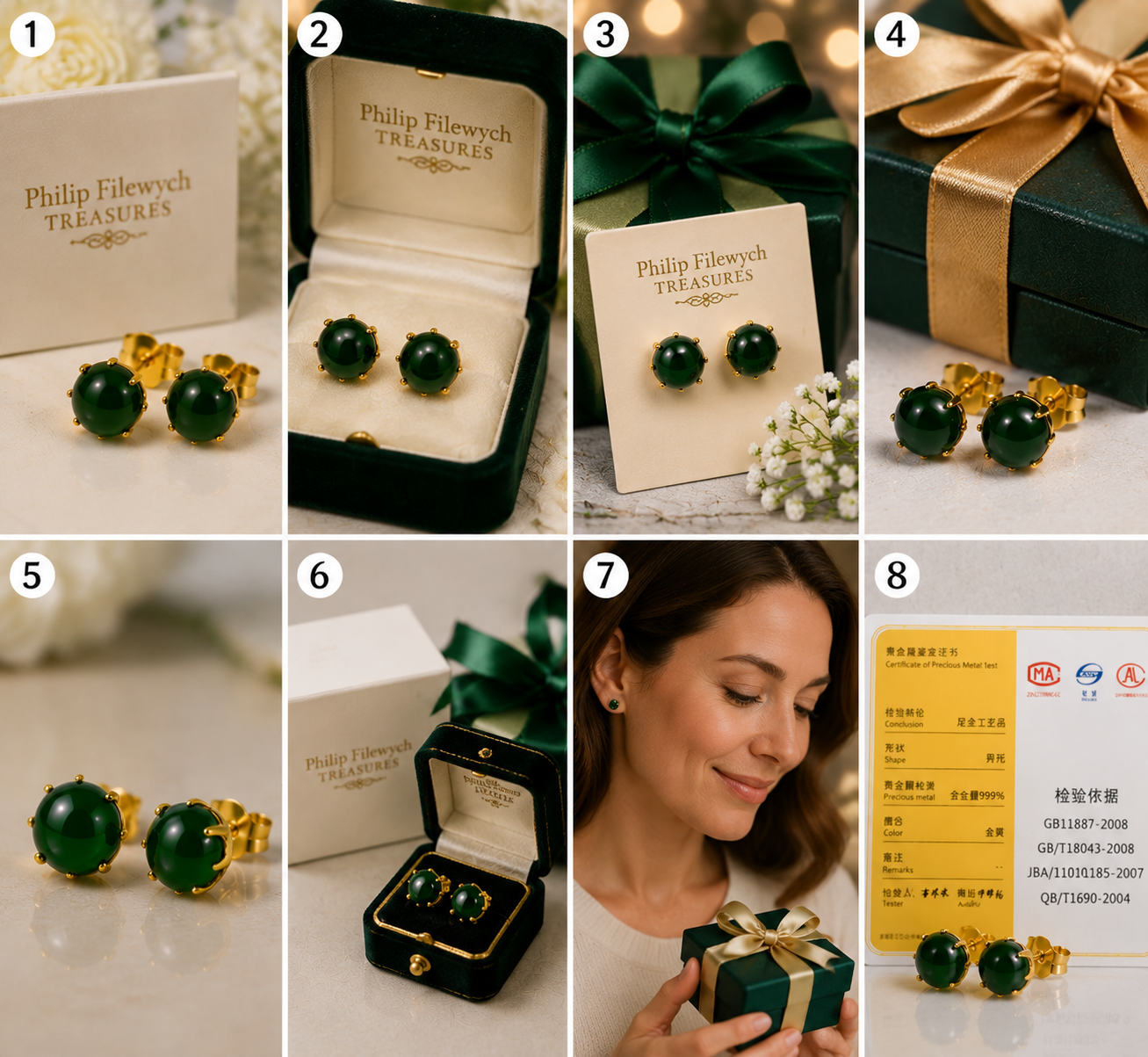 EA-07--Vintage 18K Gold Green Jade Stud Earrings | Certified Gemstone Earrings | Round Cabochon Jewelry Gift