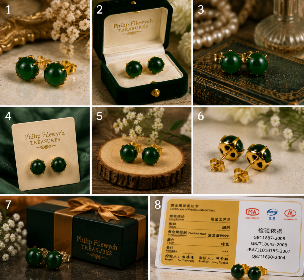 EA-07--Vintage 18K Gold Green Jade Stud Earrings | Certified Gemstone Earrings | Round Cabochon Jewelry Gift